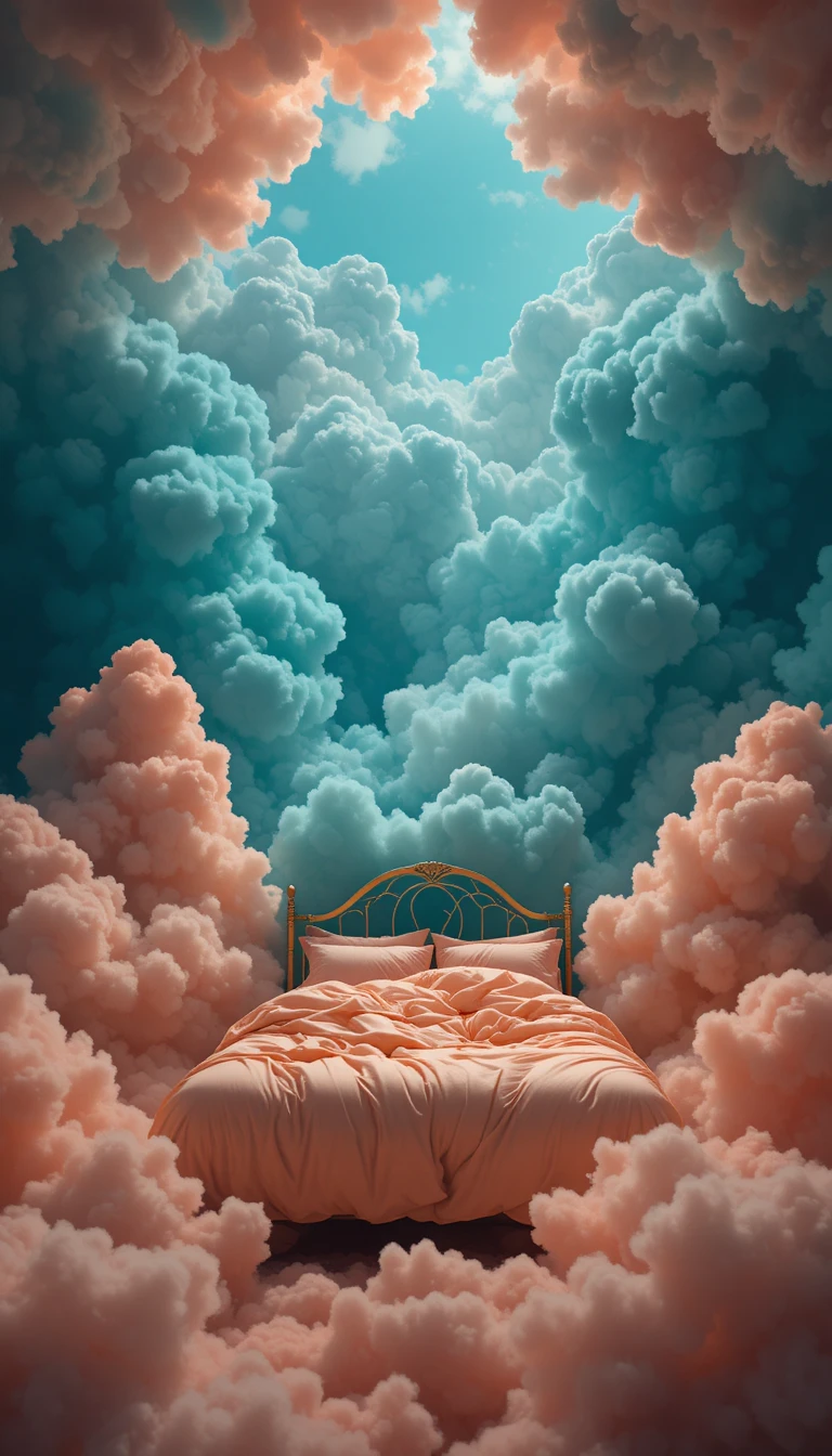 Dreamy bed floating among teal and peach clouds