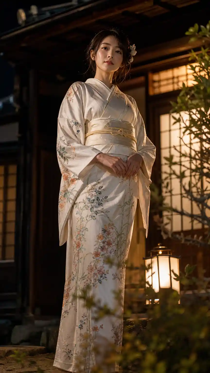 Asiatische Frau im weißen Seidenkimono vor einem Papierhaus