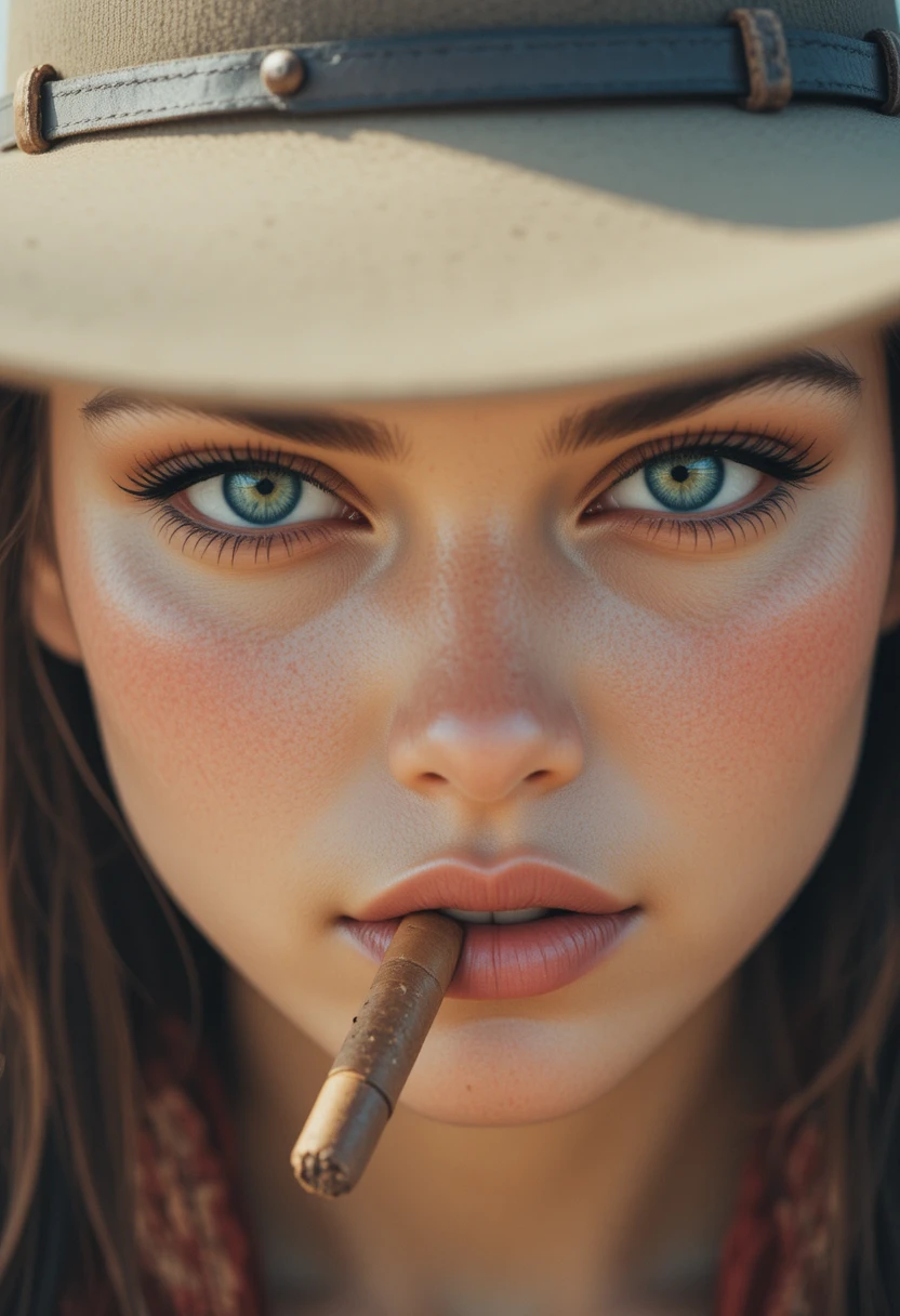 Close up cowgirl with squinty eyes and cigarillo