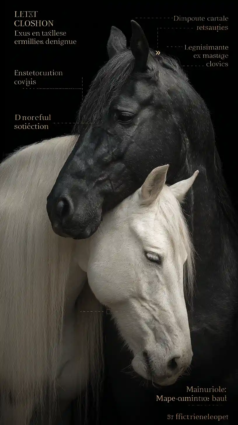 Intimate close up portrait of black and white horses