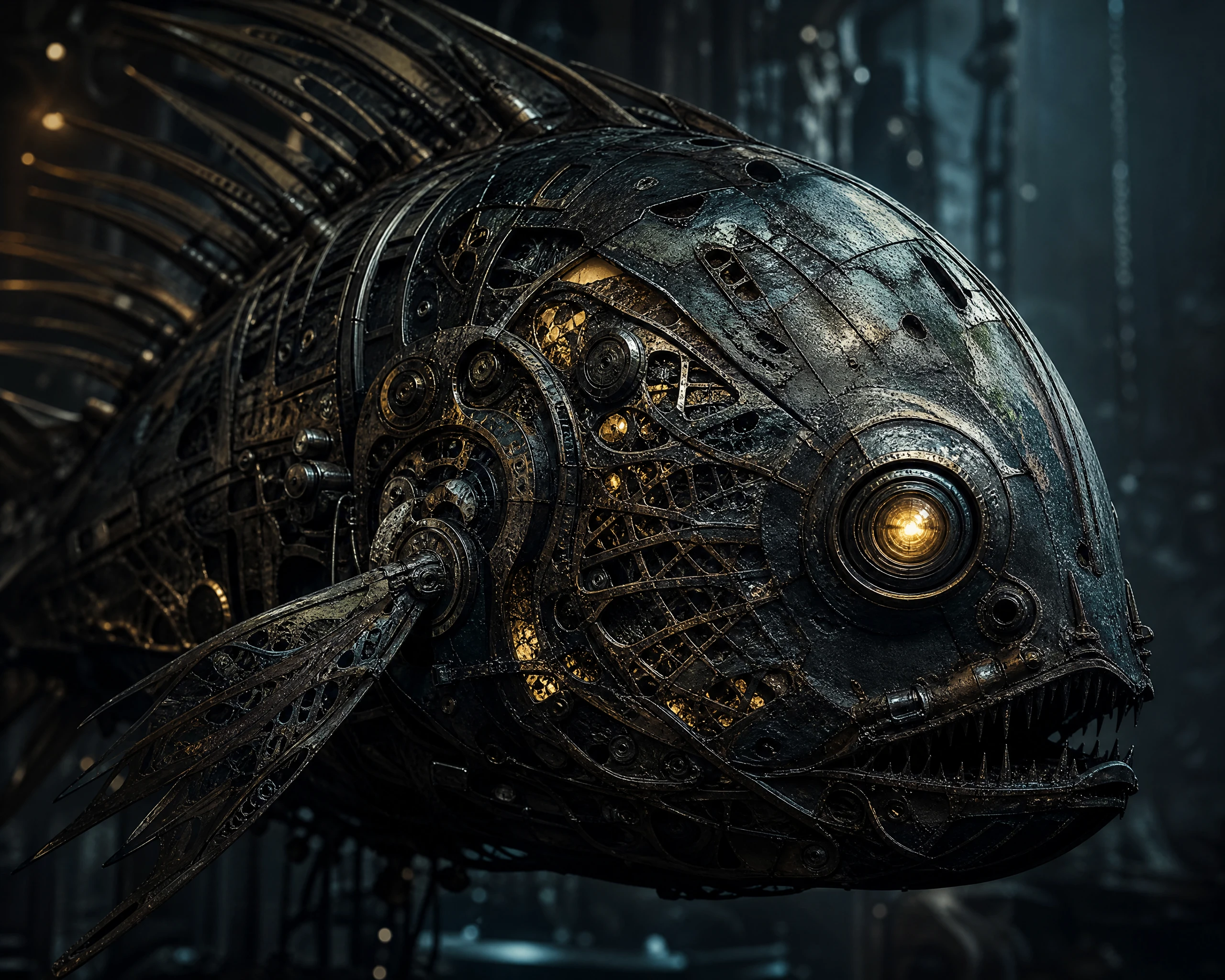 Gigantic mechanical cyber fish with glowing golden eyes
