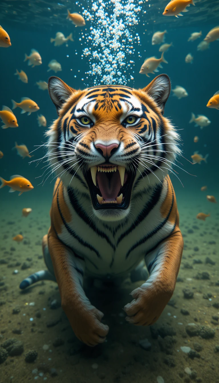 Bengal tiger baring sharp teeth in murky green water