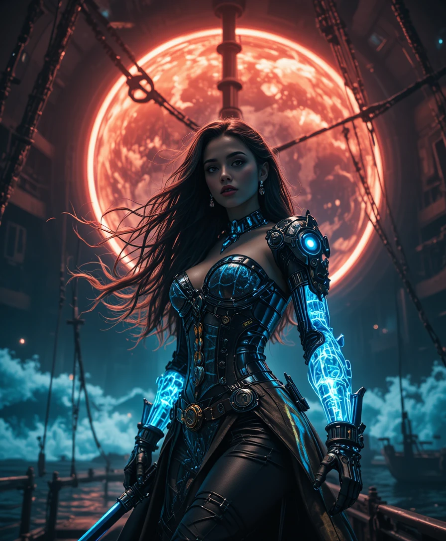 Kybernetische Piratenprinzessin auf einem neonfarbenen biomechanischen Galeonenschiff