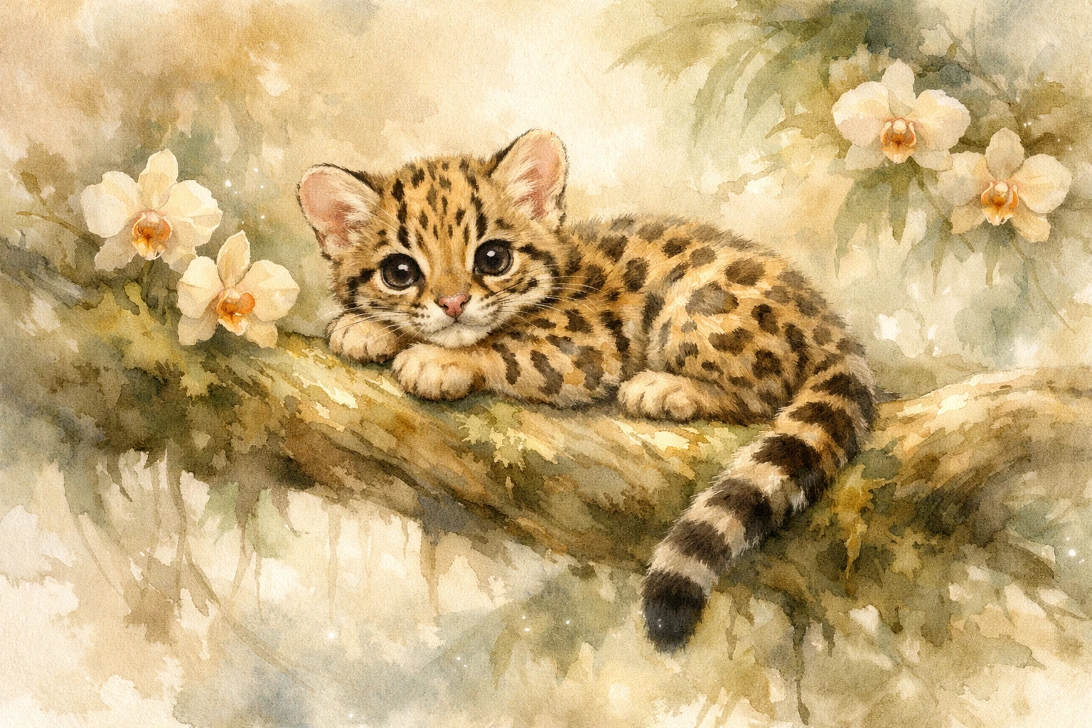 Dreamy watercolor baby ocelot resting on jungle branch
