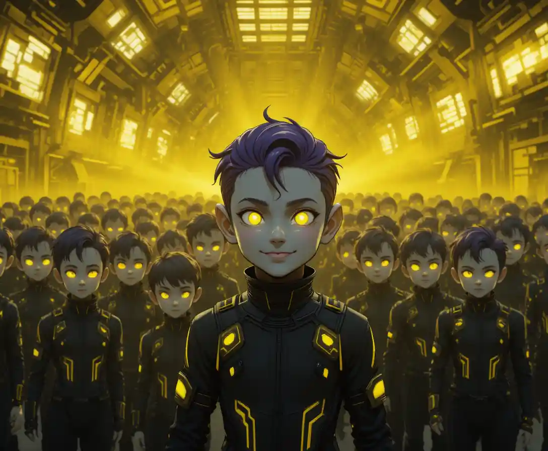 Smiling gray toddlers in neon sci fi facility