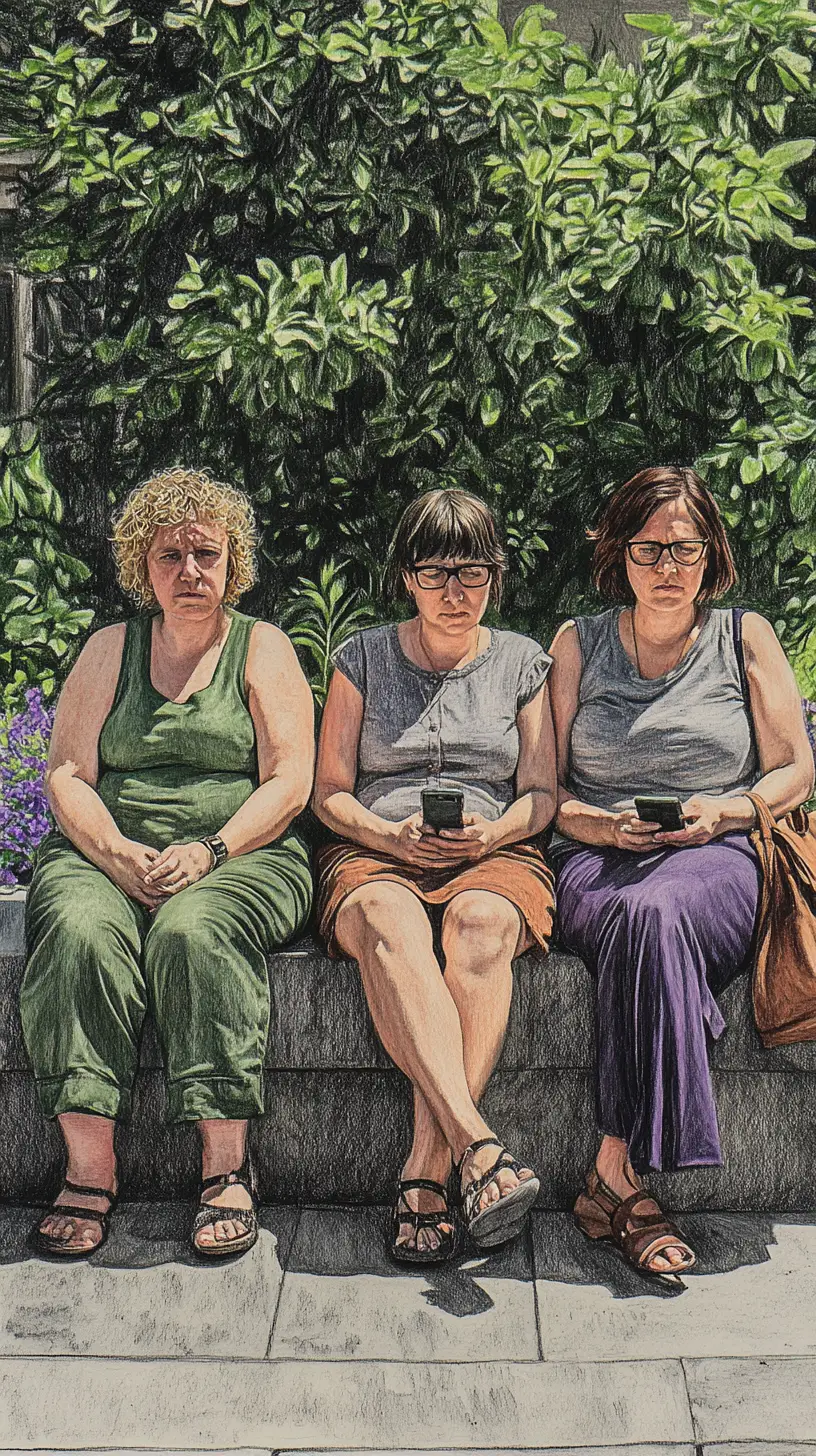 Three women resting on a stone bench in an urban park
