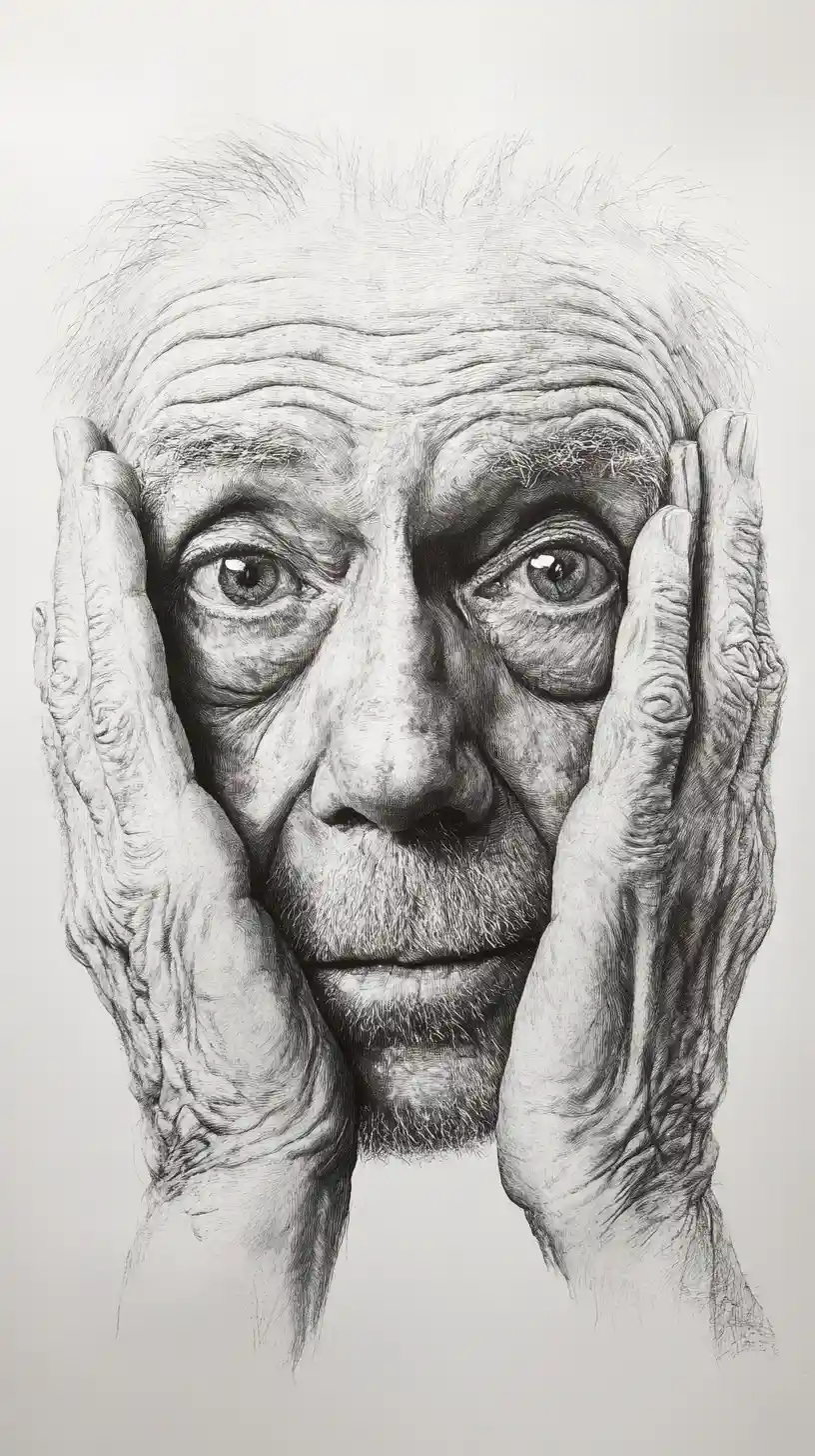 Graphite close up of an old man praying in silence