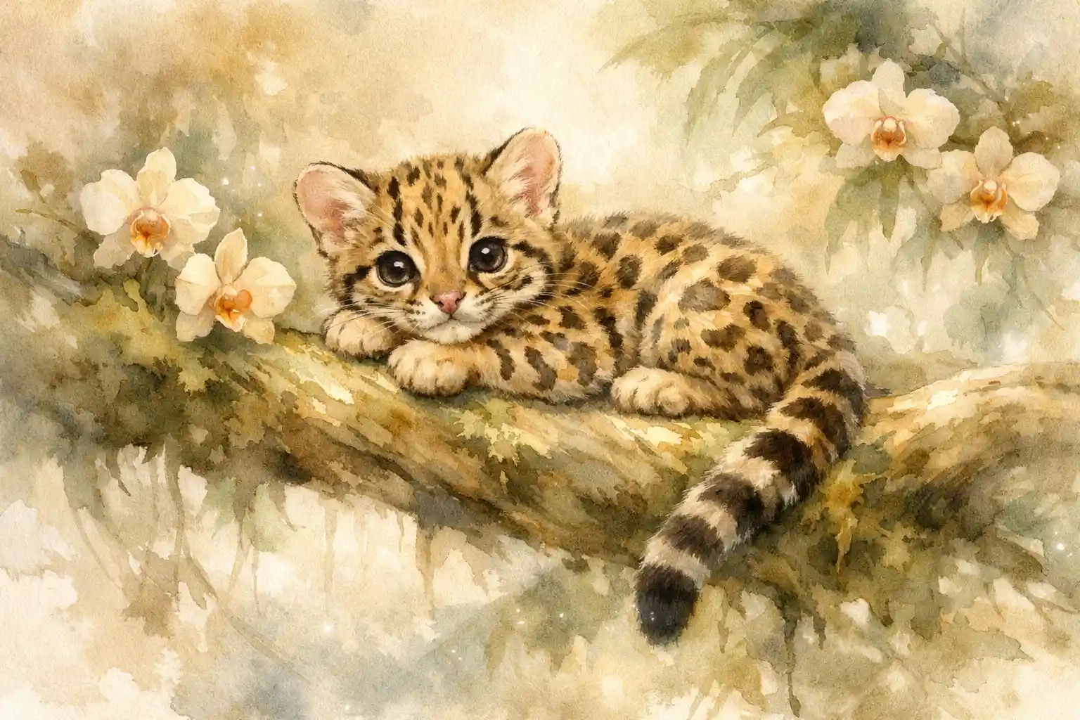 Dreamy watercolor baby ocelot resting on jungle branch