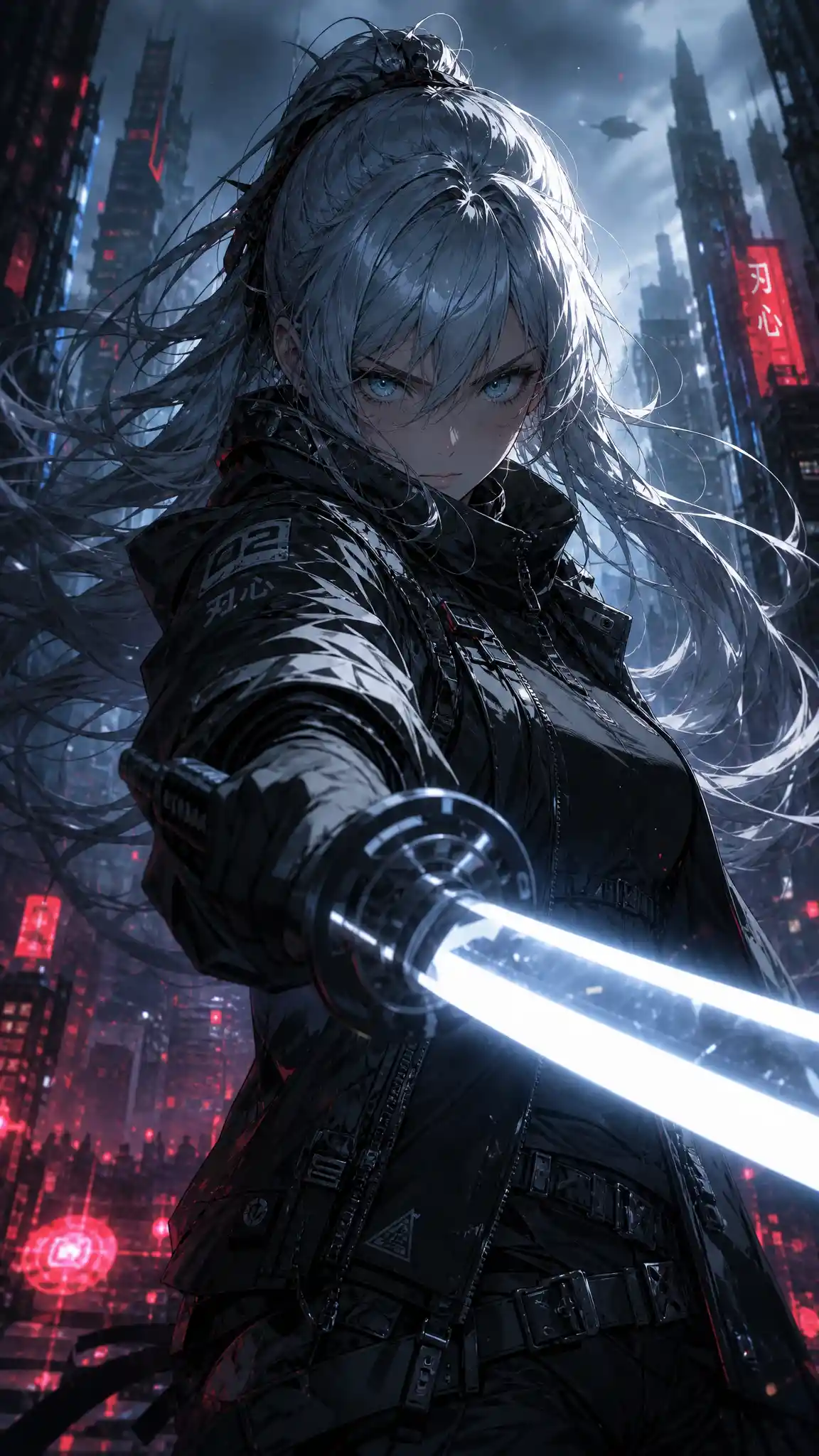 Silver haired warrior aiming glowing katana in cyberpunk city