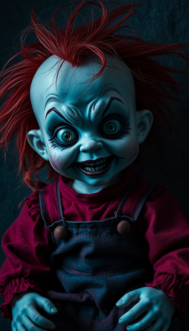 Creepy child doll with wild red hair and eerie grin