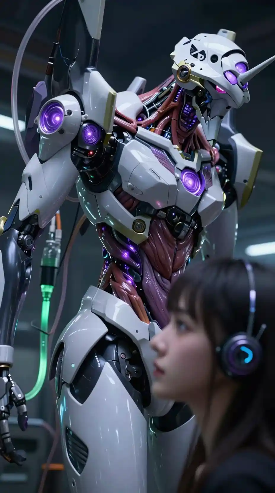 Anime pilot girl linked to biomechanical mecha in lab