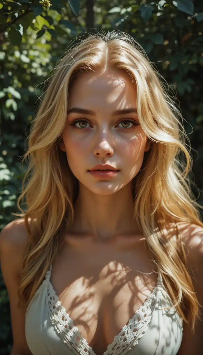 Young blonde woman in dappled sunlight in a quiet garden