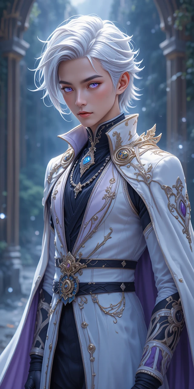 Elegant fantasy man with white hair and glowing violet eyes