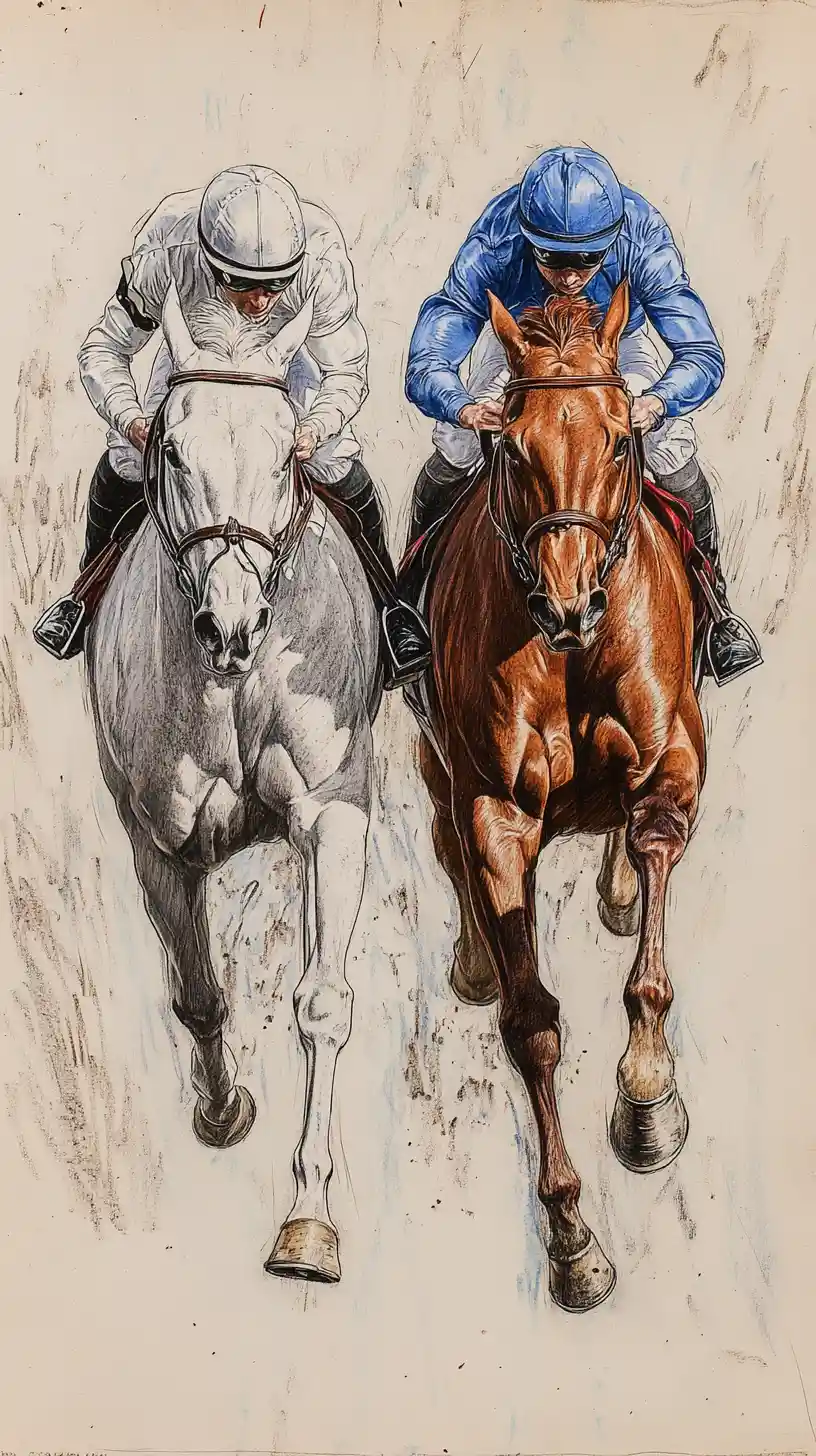 Racehorses galloping toward the viewer in dynamic pencil sketch