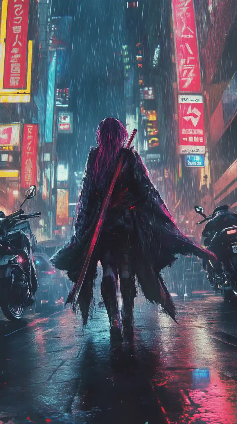 Vampire gang warrior woman in neon lit Tokyo street