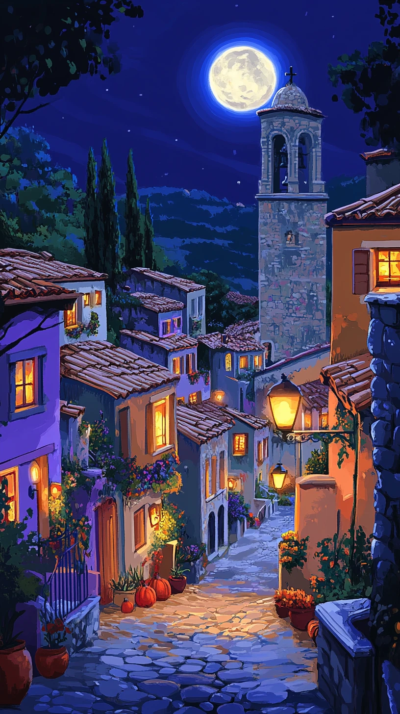 Moonlit cobblestone village street with glowing colorful houses