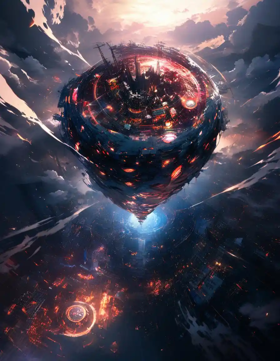 Gigantic cosmic monster devouring a city from above