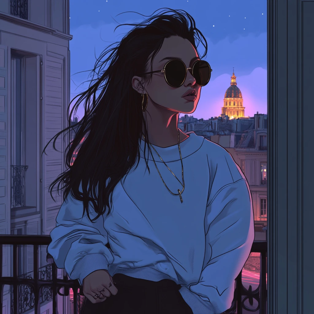 Young woman smoking on a parisian balcony at night