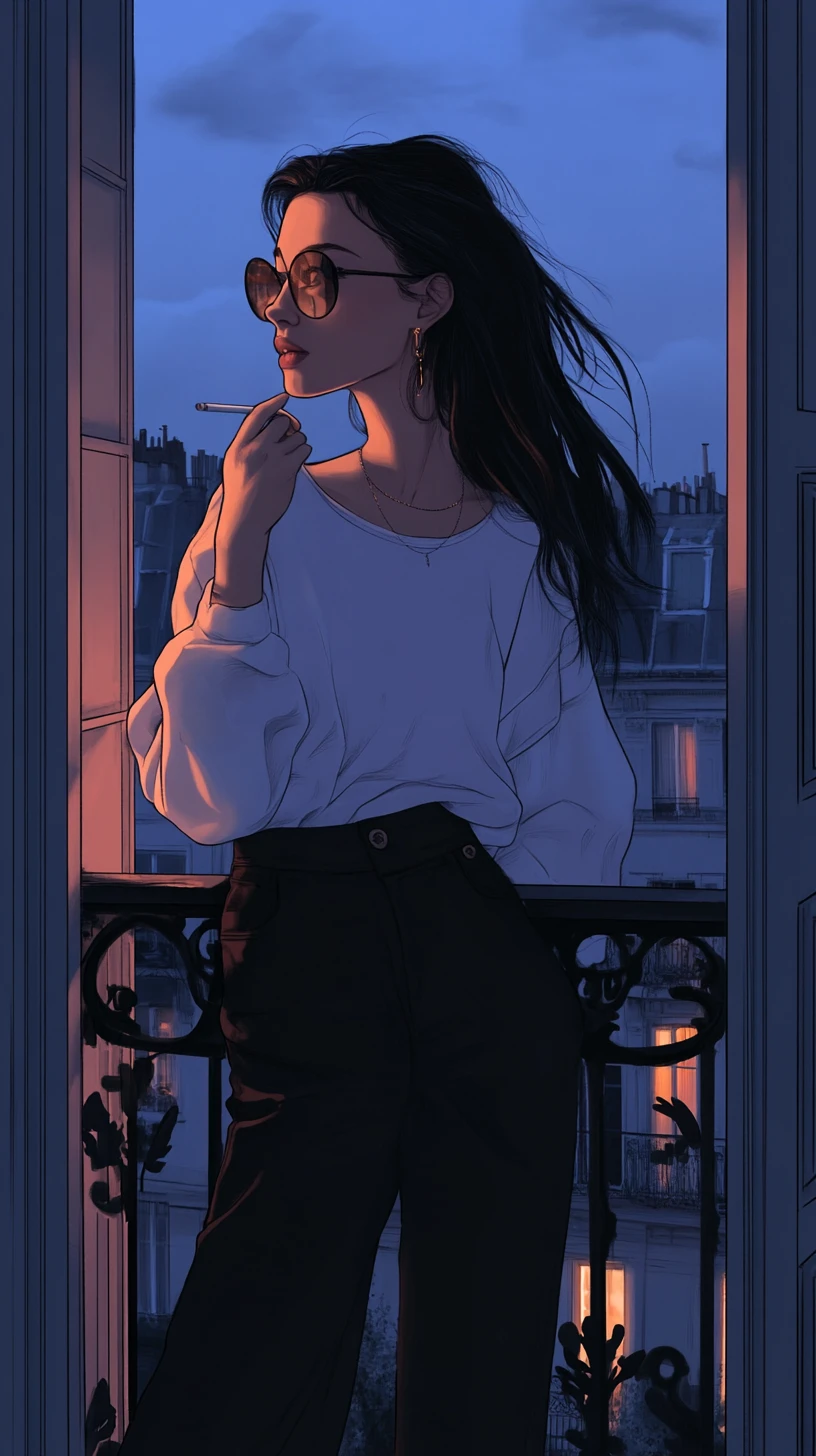 Young woman smoking on a Paris balcony at night