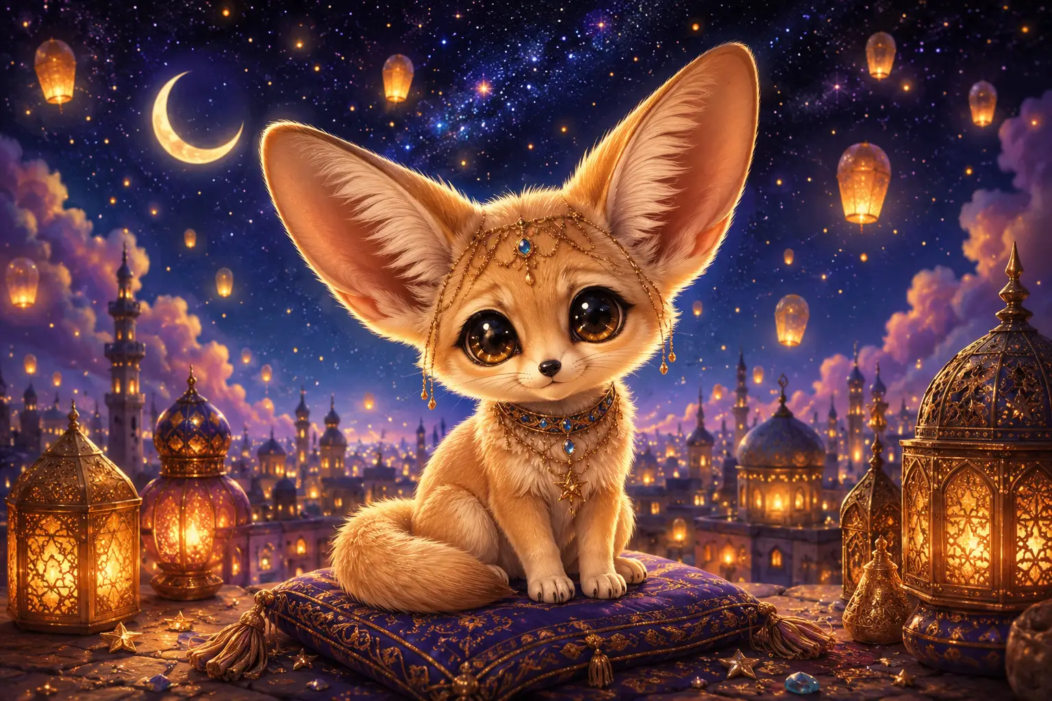 Cute chibi fennec fox under magical lantern filled night sky