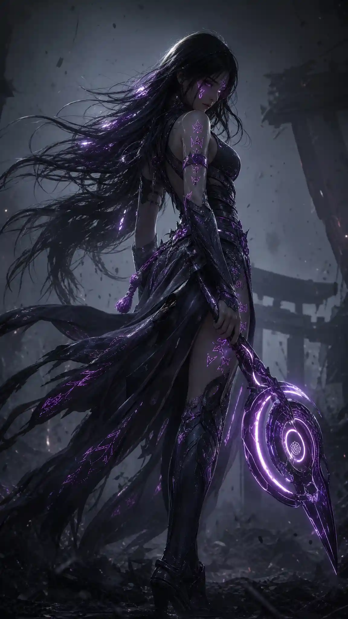 Ethereal warrior woman with glowing runes in cyber armor