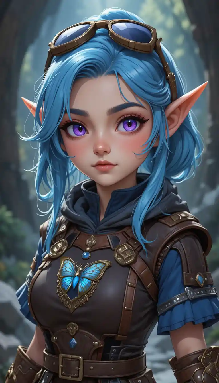 Young gnome forge mage girl with violet eyes and tools