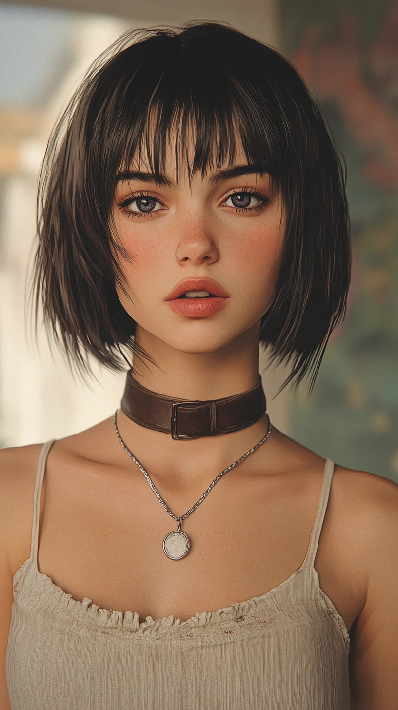 Retrato de chica de anime contemplativa con collar choker