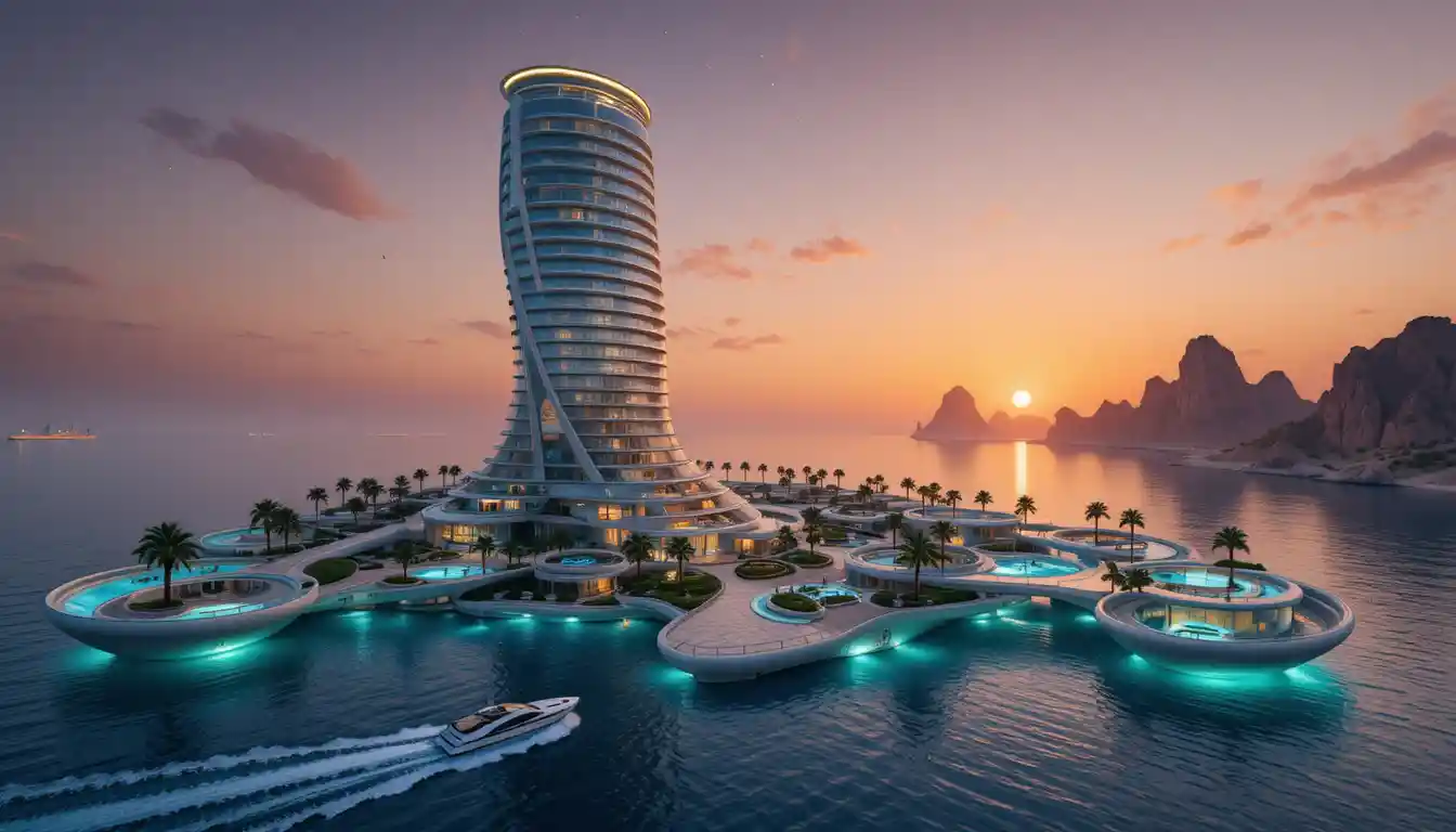 Futuristic spiral desert building under a starry night sky