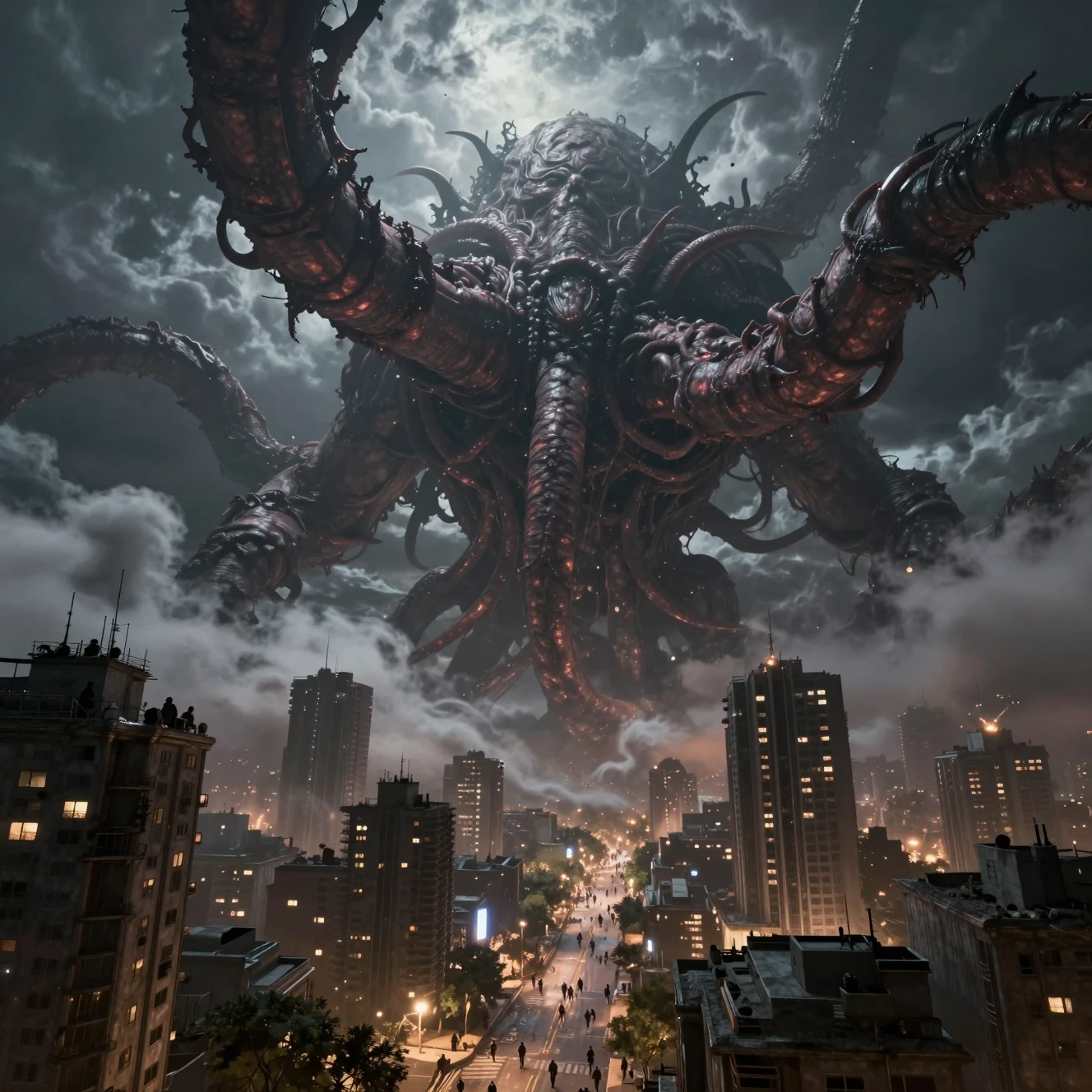 Cosmic monster descending over city as crowds flee below