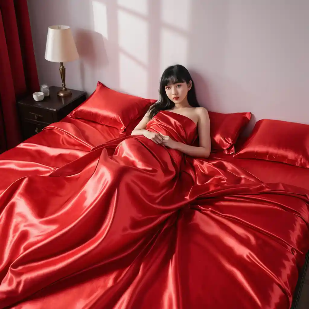 Beautiful korean woman lying on red satin bed sheets