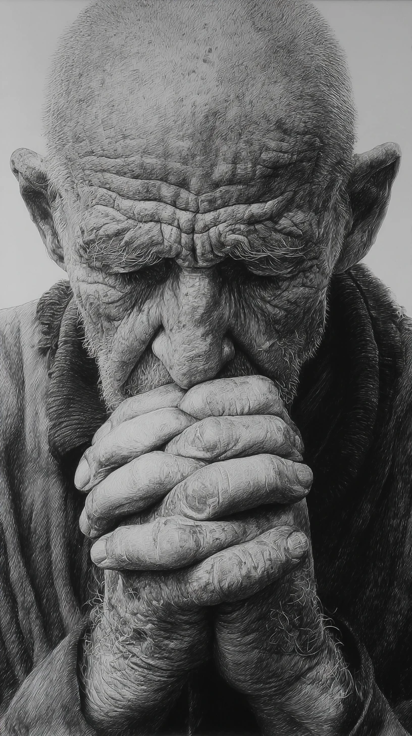 Elderly Man In Prayerful Pose In Graphite Extreme Close Up