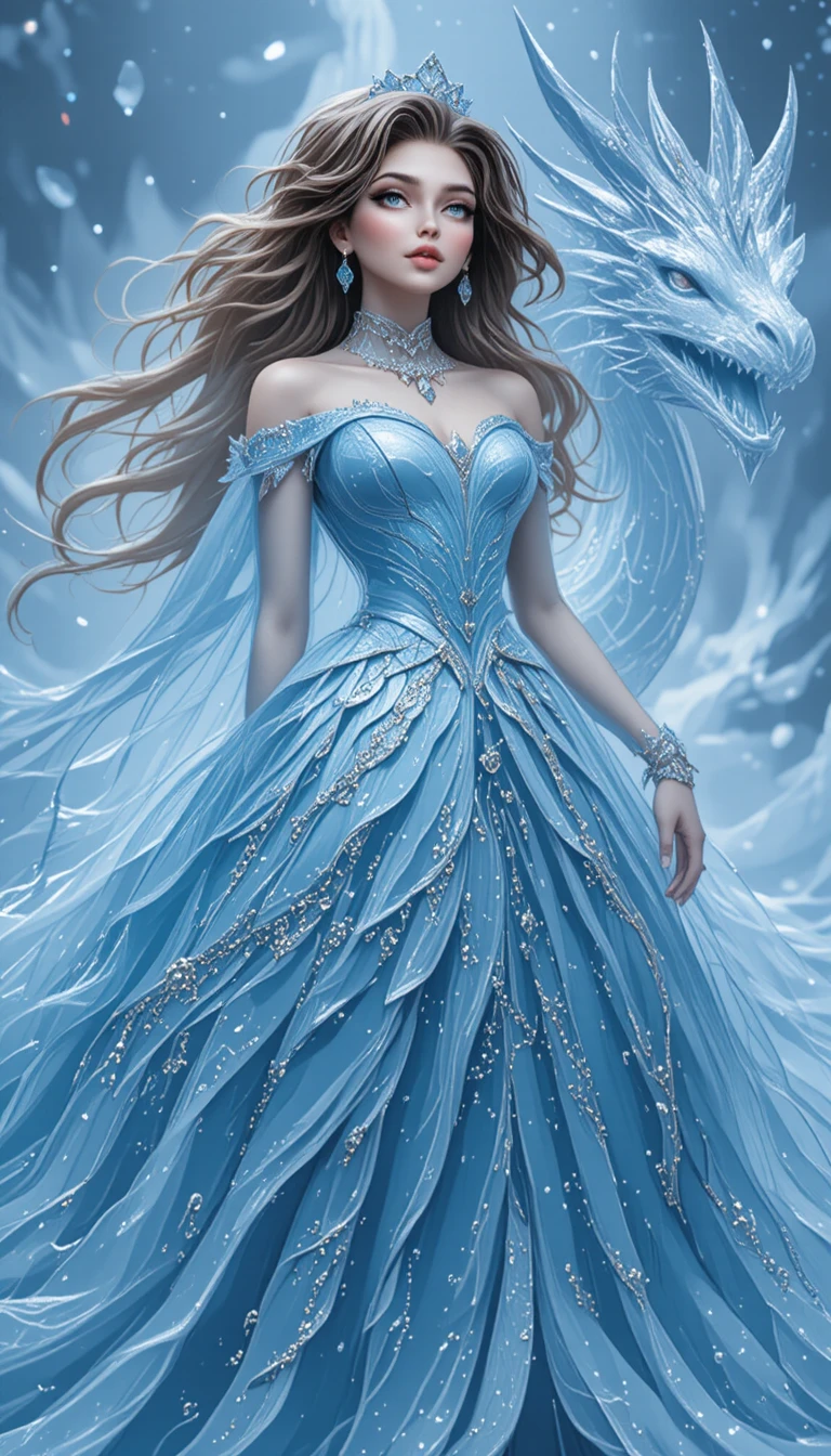 Ice princess riding a crystal scaled dragon through frost