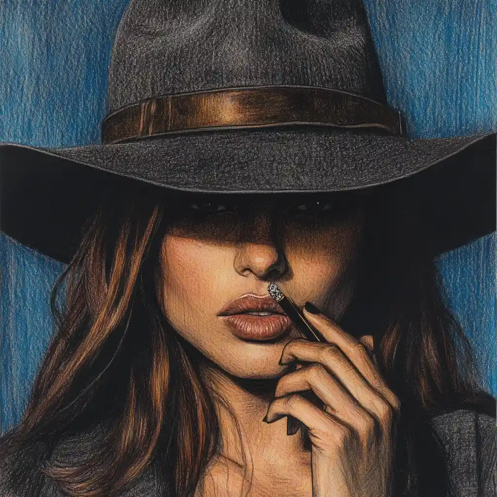 Mysterious woman in fedora with cigarette holder portrait