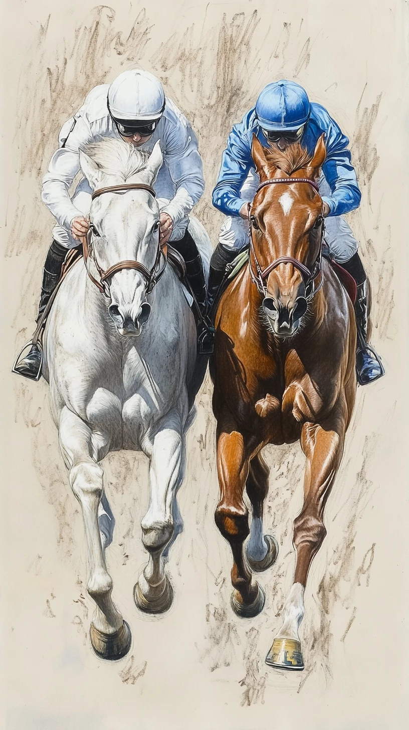 Colored pencil study of two racehorses at full gallop