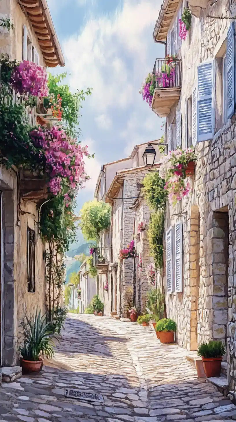 Romantic watercolor alleyway with sunlit old stone buildings