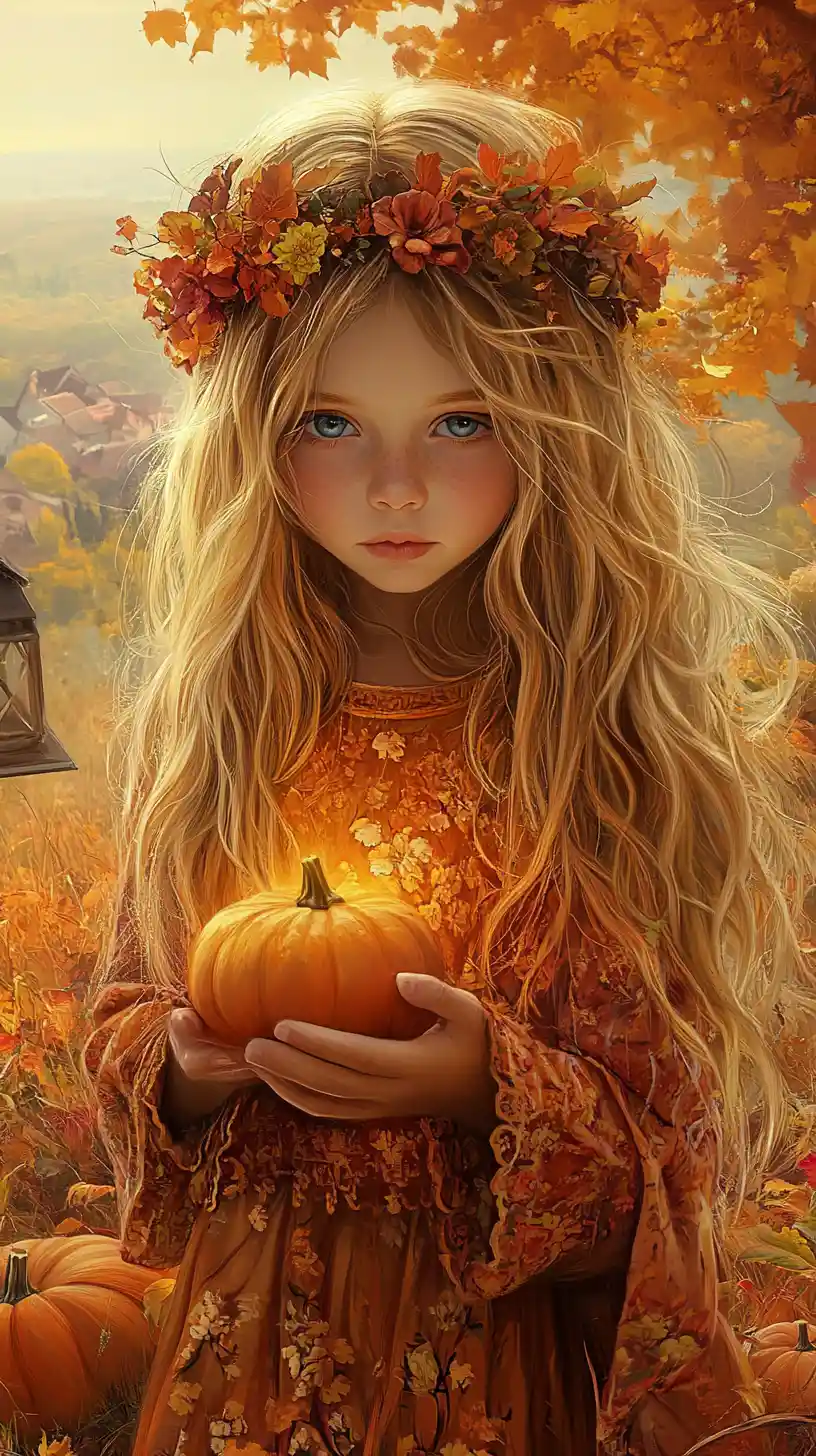 Young girl with autumn crown holding glowing orange light