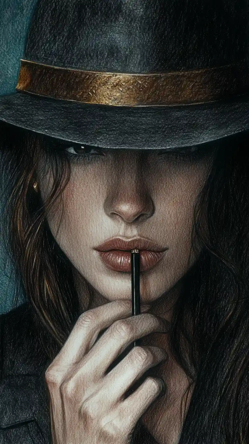 Mysterious woman in fedora with cigarette holder portrait
