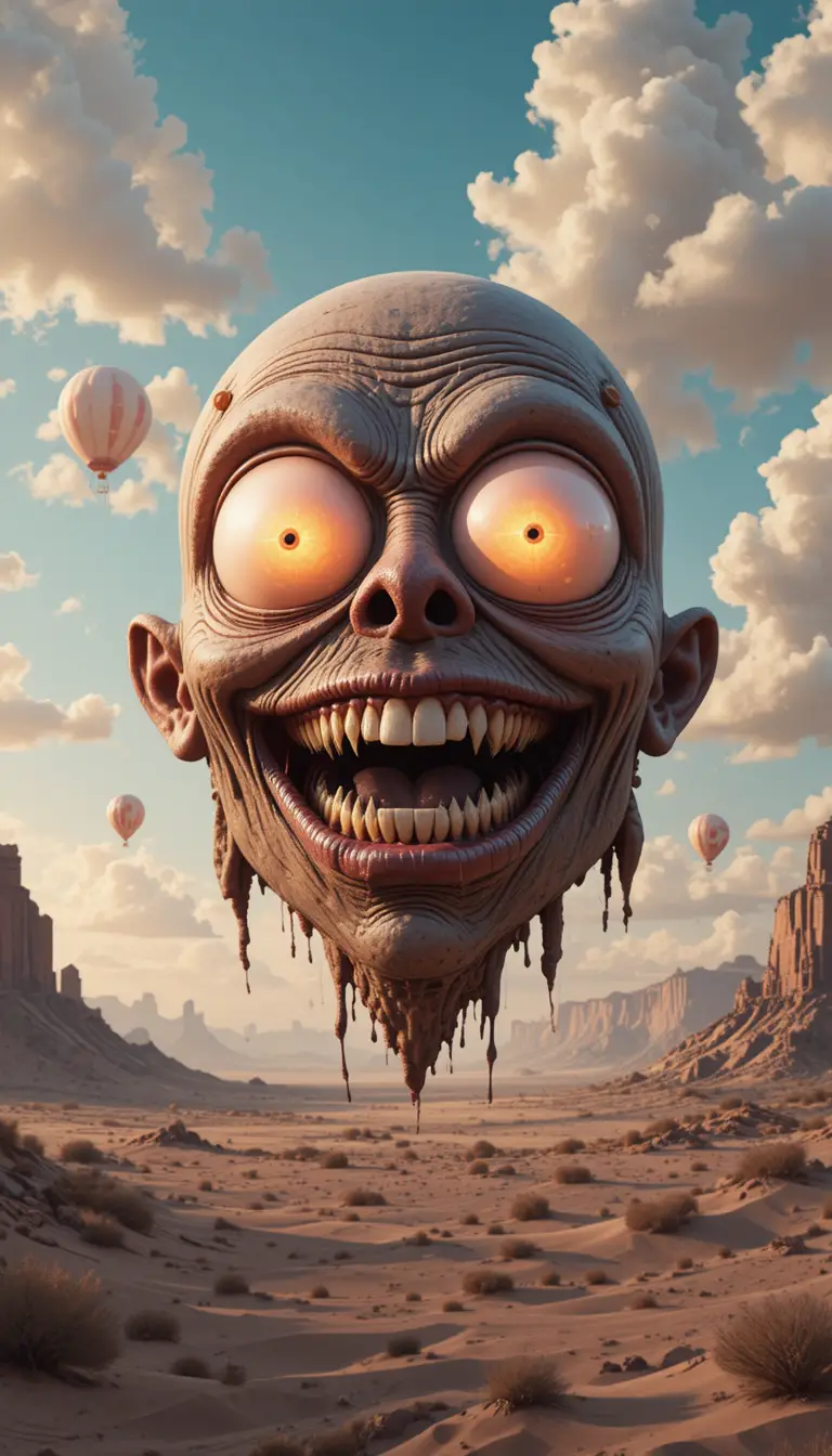 Volto surreale gigantesco con occhi luminosi nel cielo del deserto
