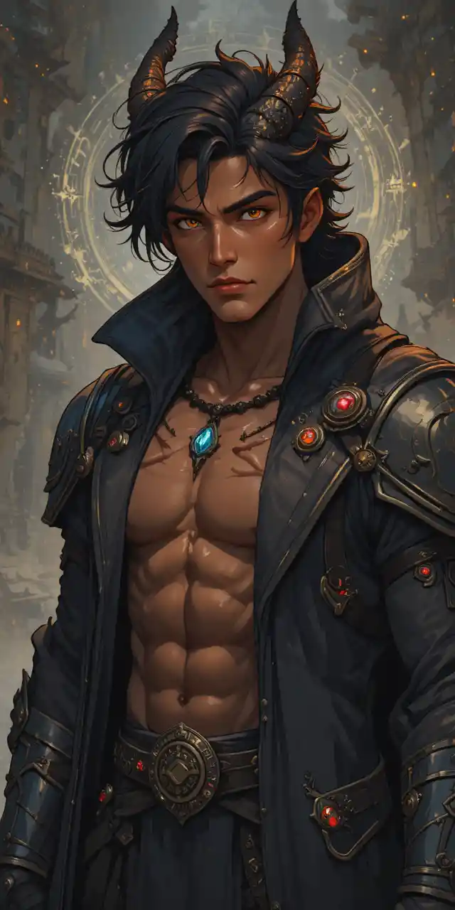 Muscular horned warrior with golden eyes in anime style