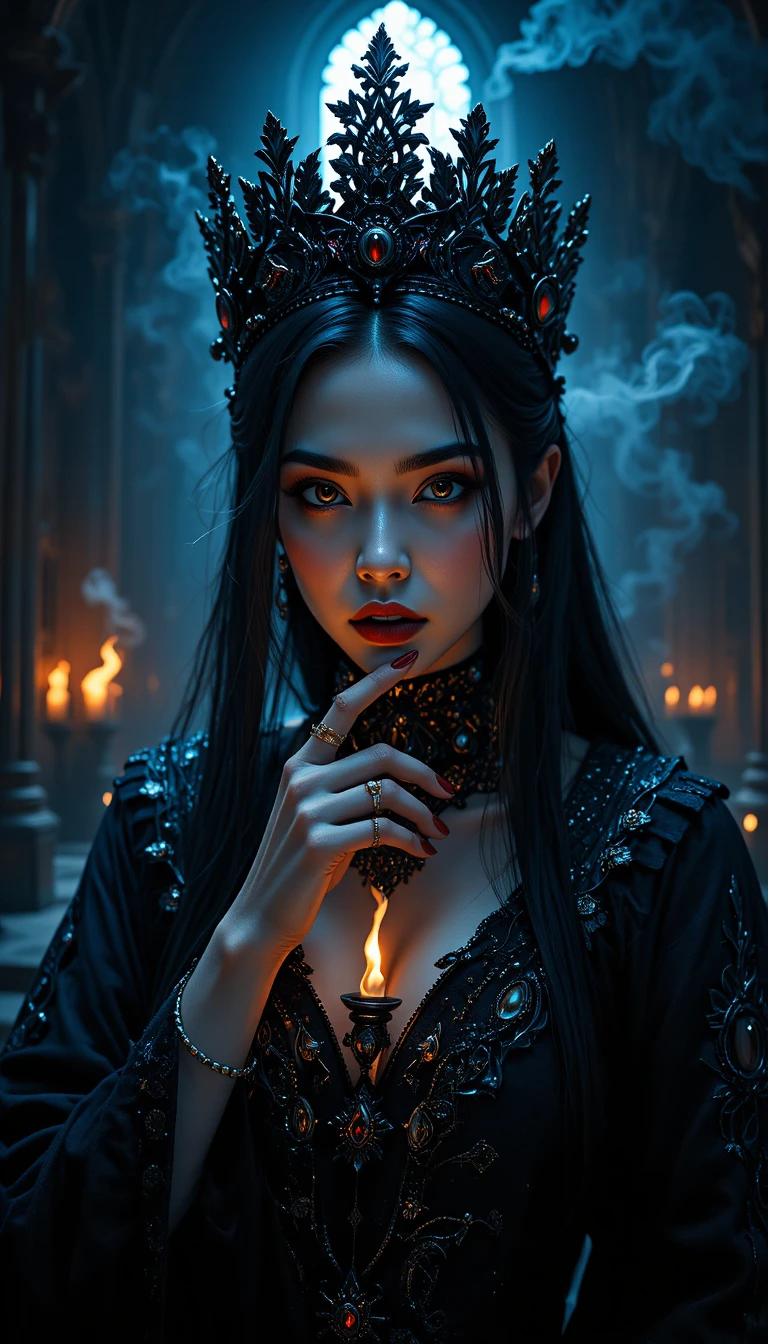 Seductive gothic empress in abandoned cathedral portrait