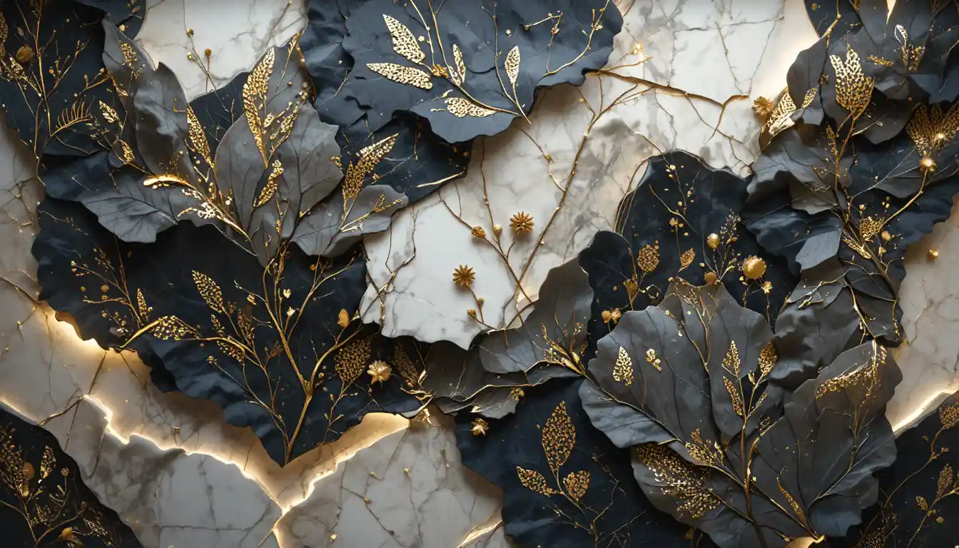 Abstract golden leaves with geometric tiles and soft glow