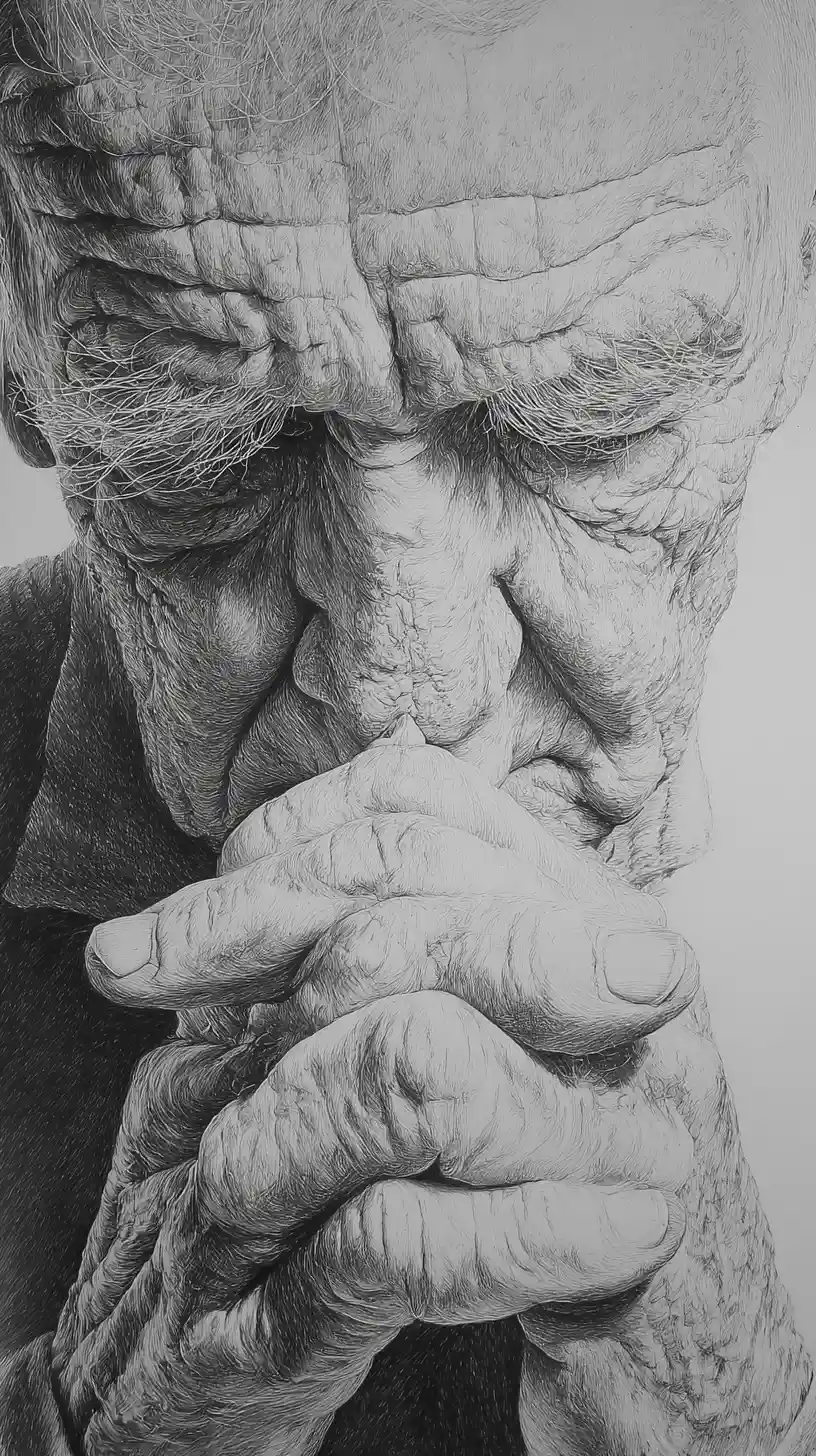 Hyperreal graphite portrait of an old man in prayer