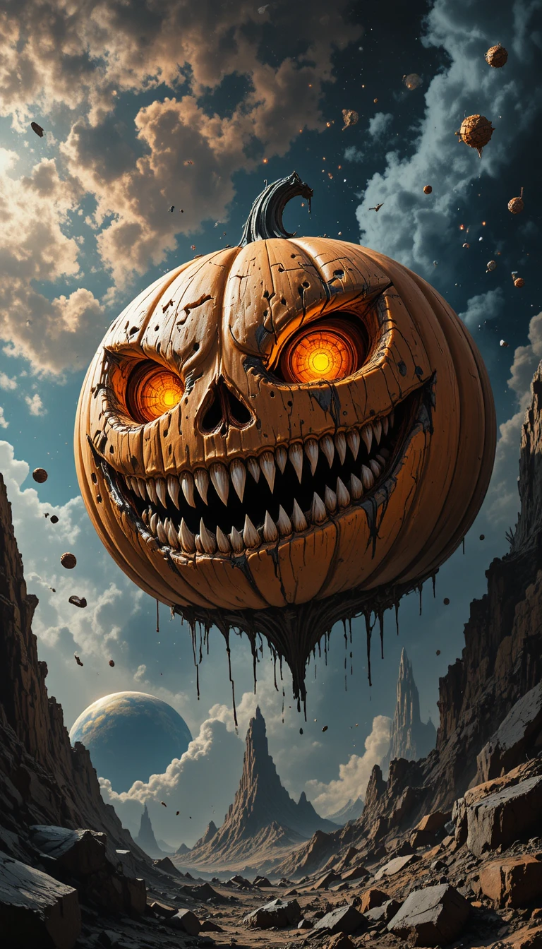 Giant broken jack o lantern floating in deep space