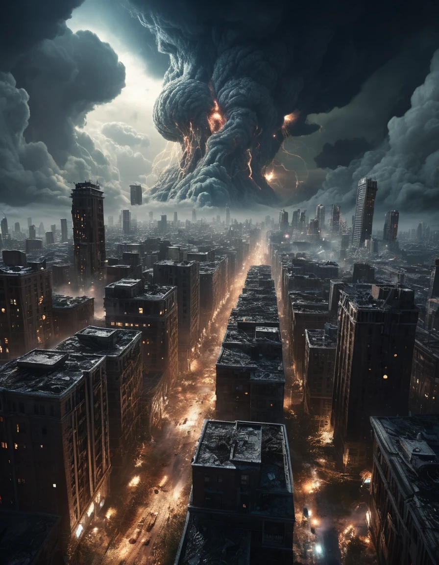 Colossal cosmic monster looming over a collapsing city