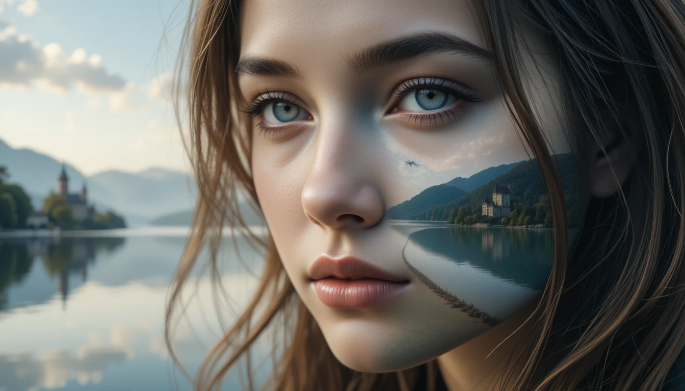 Surreal woman portrait merging into tranquil lakeside landscape