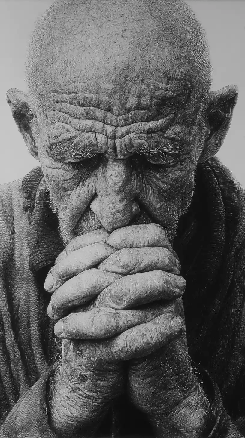 Elderly Man In Prayerful Pose In Graphite Extreme Close Up