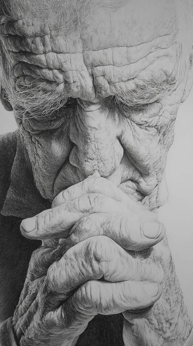Hyperreal graphite portrait of an old man in prayer