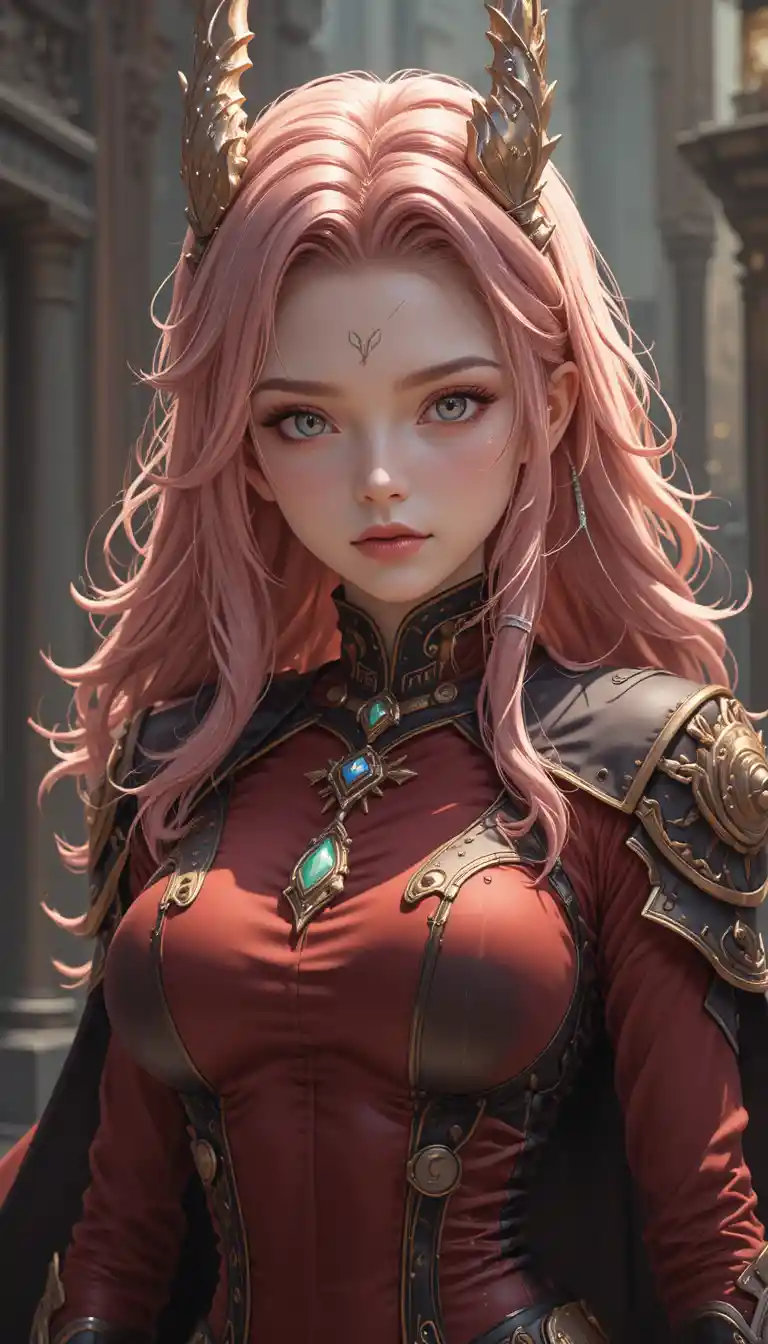 Muscular anime dragon warrior woman in red and black armor