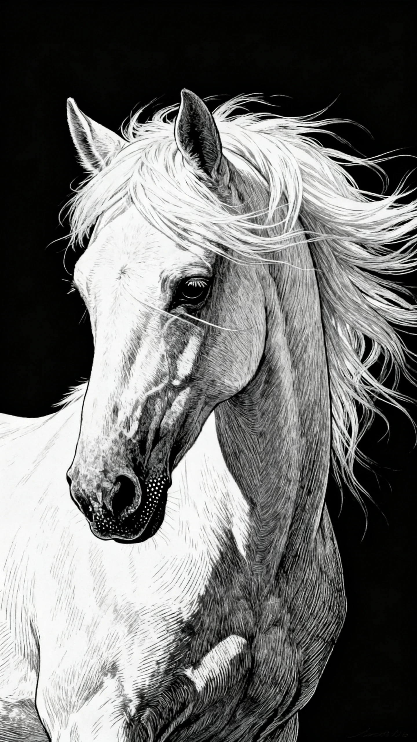 White arabian horse scratchboard portrait with flowing mane