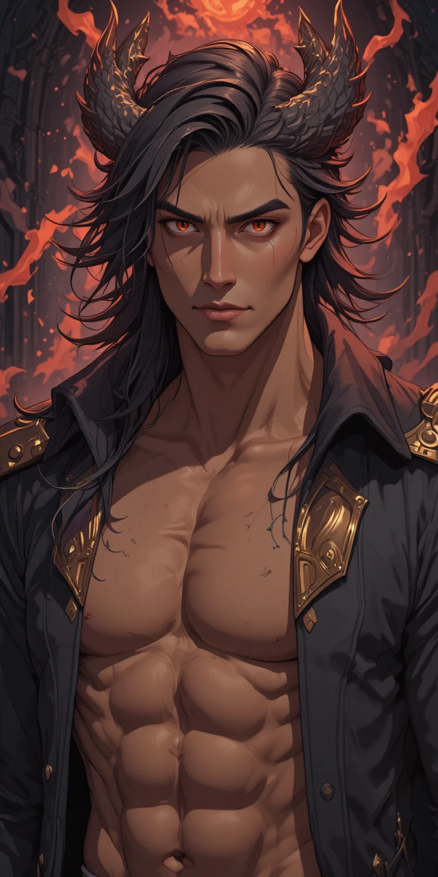 Muscular horned anime warrior with golden eyes and dark coat